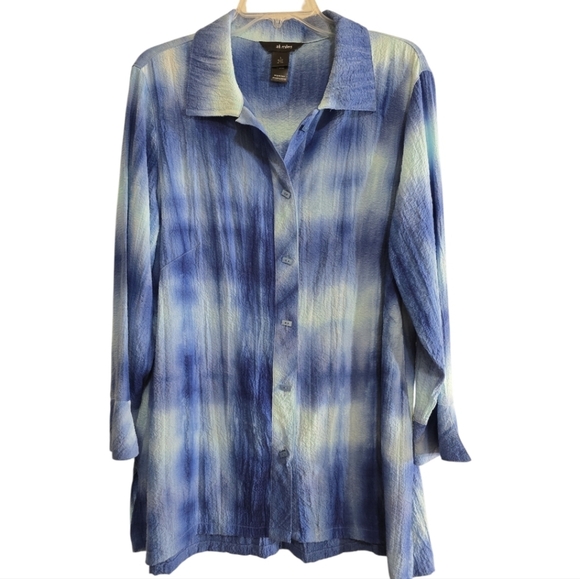 Ali Miles Blue Tie Dye Button Front Blouse Large Buttons On Back Lagenlook - Picture 1 of 6